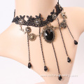 Black long tassels with alloy Flower pendant lace necklace